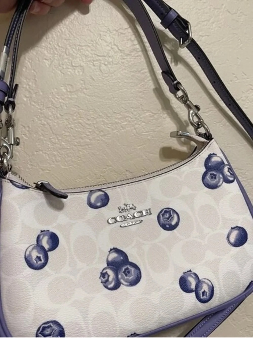 Coach White Shoulder Bag with Blueberry Print and Lavender Trim